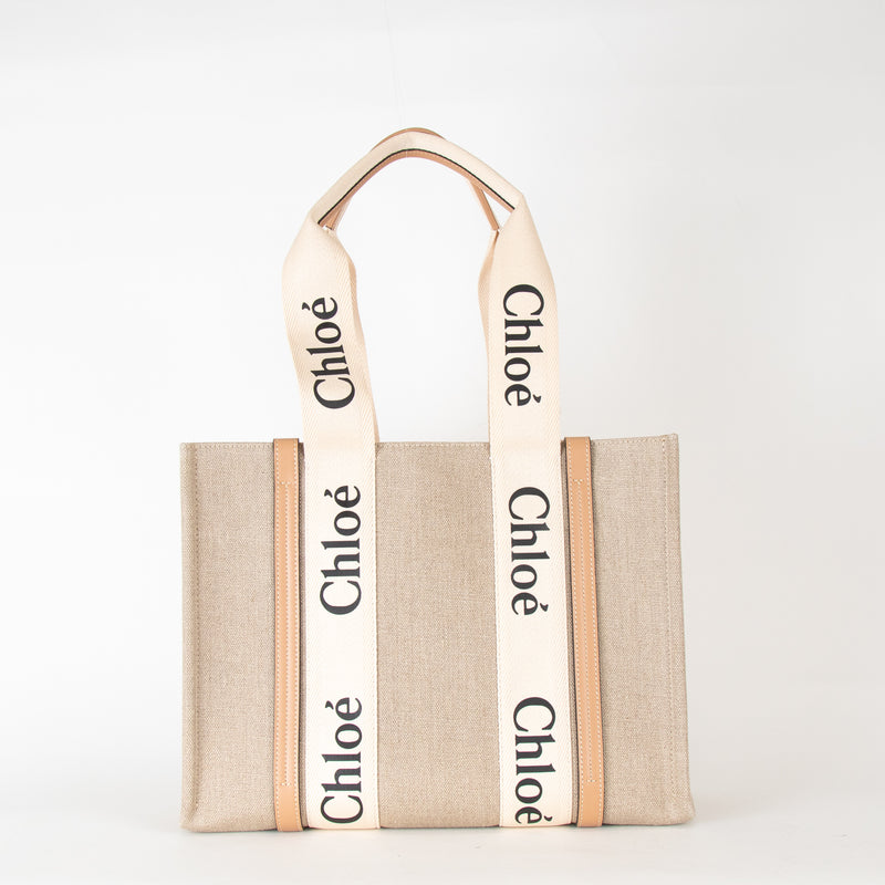 Chloe Neutral Linen Logo Woody  Medium Tote Bag