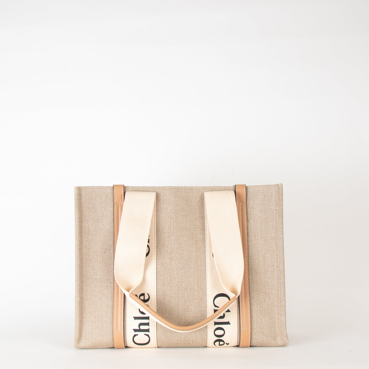 Chloe Neutral Linen Logo Woody  Medium Tote Bag