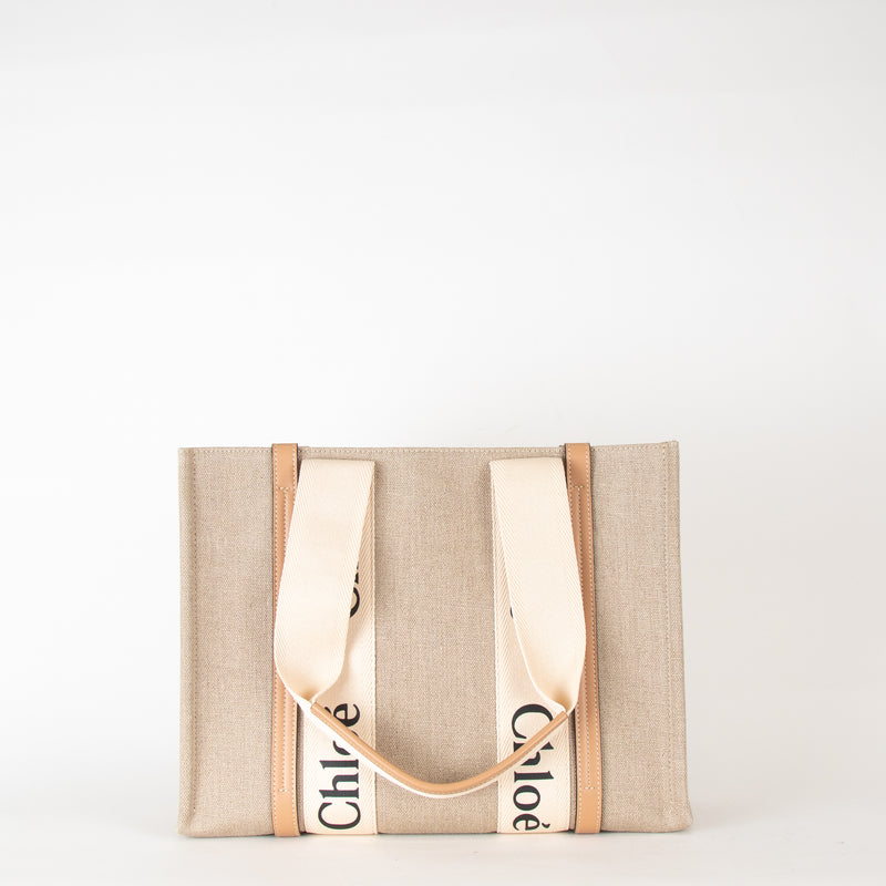 Chloe Neutral Linen Logo Woody  Medium Tote Bag