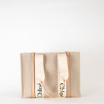Chloe Neutral Linen Logo Woody  Medium Tote Bag