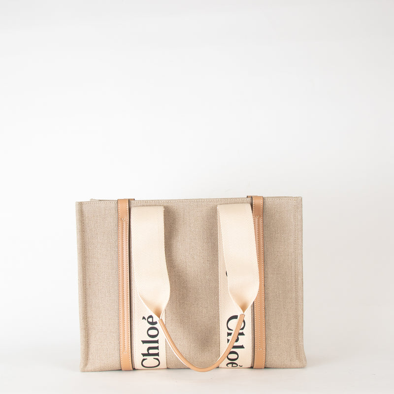Chloe Neutral Linen Logo Woody  Medium Tote Bag