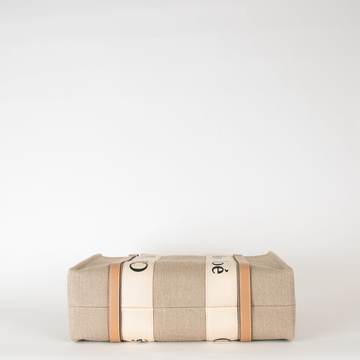 Chloe Neutral Linen Logo Woody  Medium Tote Bag