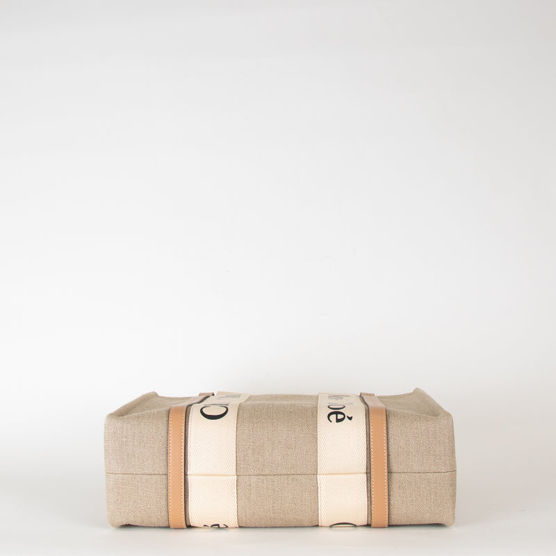 Chloe Neutral Linen Logo Woody  Medium Tote Bag
