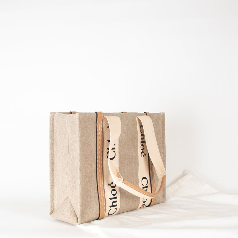 Chloe Neutral Linen Logo Woody  Medium Tote Bag
