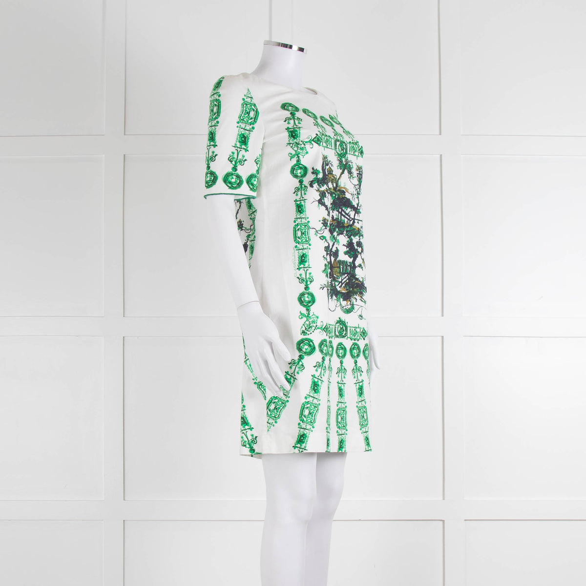 Cavalli Class White Green Cotton Short Sleeve Dress