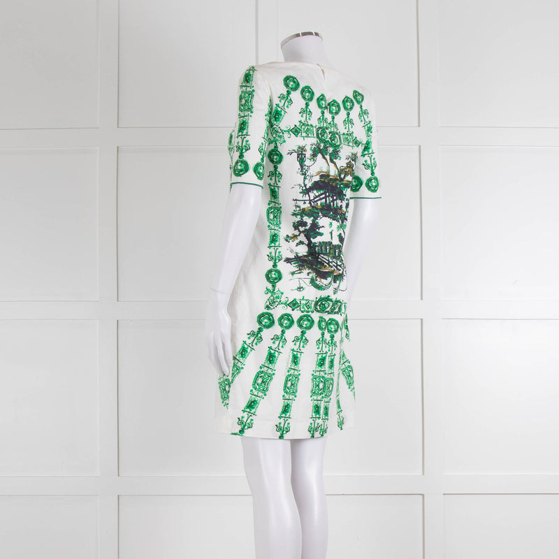 Cavalli Class White Green Cotton Short Sleeve Dress