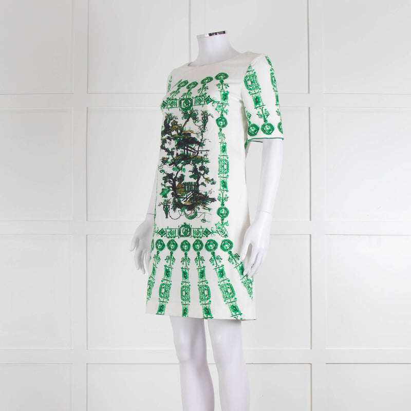 Cavalli Class White Green Cotton Short Sleeve Dress