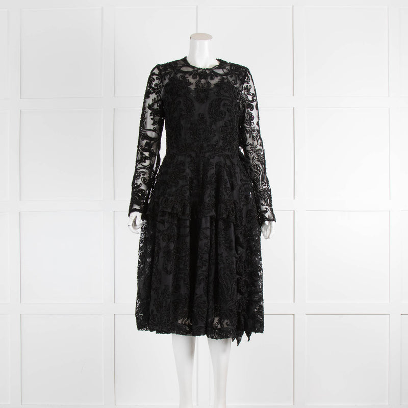 Simone Rocha Black Lace Dress with Long Sleeves and Full Skirt