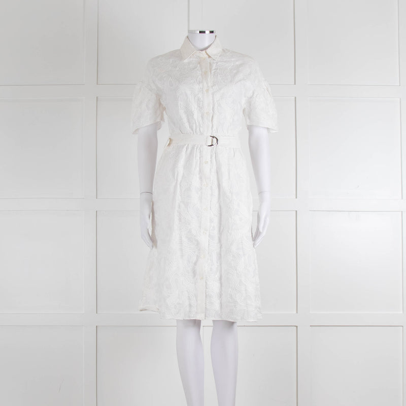 Kenzo White Embroidered Cotton Buttoned Up Belted Dress