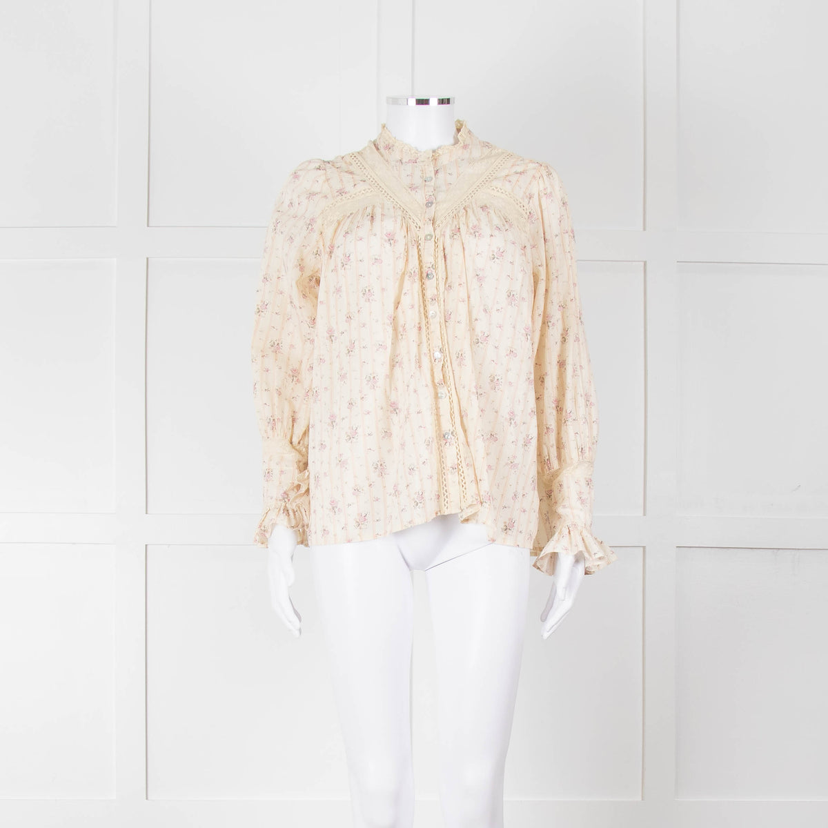 Ba&sh Cream Pink Floral Lace Detail Front Button Cotton Top