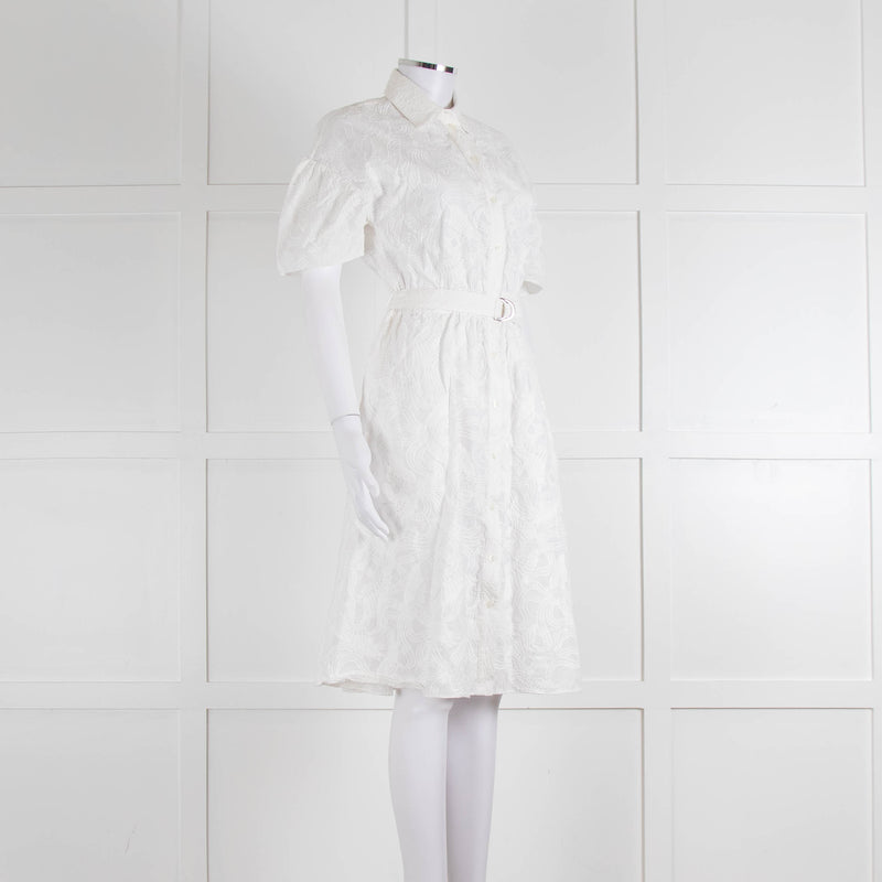 Kenzo White Embroidered Cotton Buttoned Up Belted Dress