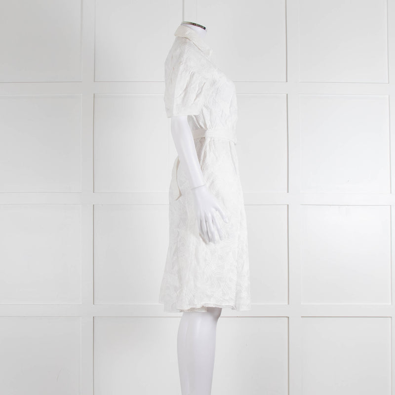 Kenzo White Embroidered Cotton Buttoned Up Belted Dress