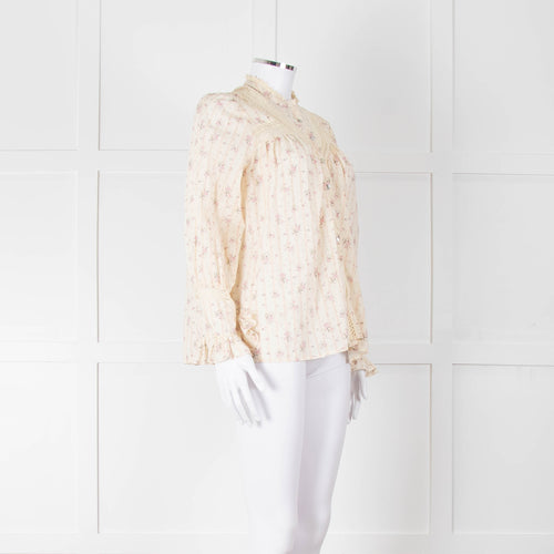 Ba&sh Cream Pink Floral Lace Detail Front Button Cotton Top