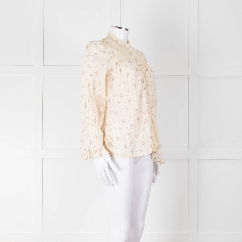 Ba&sh Cream Pink Floral Lace Detail Front Button Cotton Top