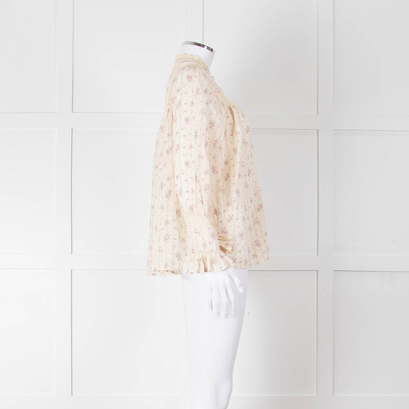Ba&sh Cream Pink Floral Lace Detail Front Button Cotton Top