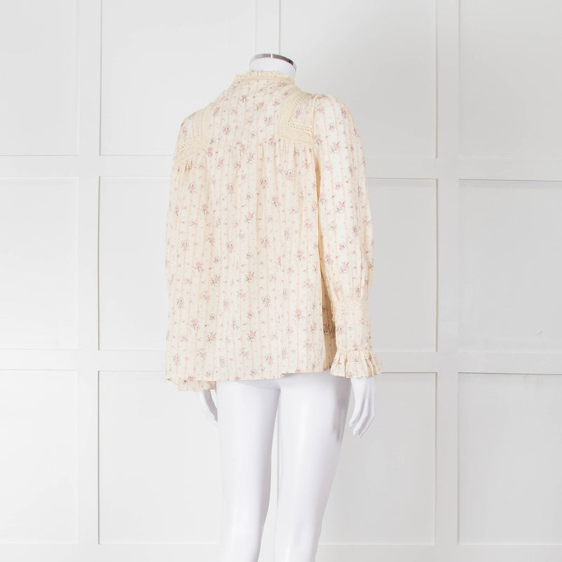 Ba&sh Cream Pink Floral Lace Detail Front Button Cotton Top