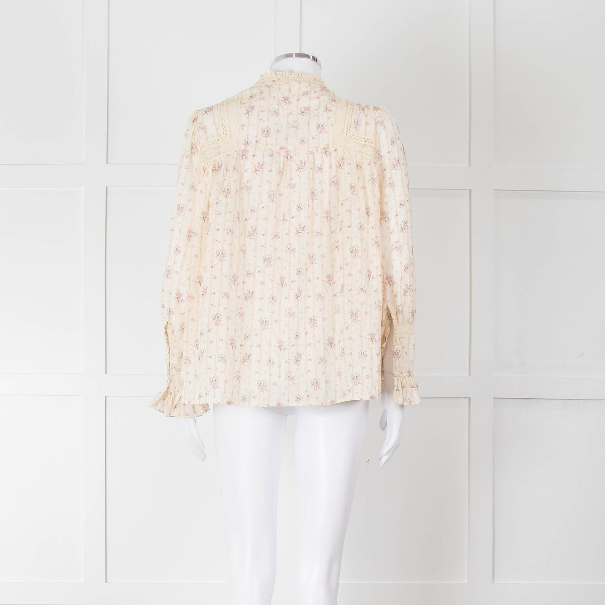 Ba&sh Cream Pink Floral Lace Detail Front Button Cotton Top