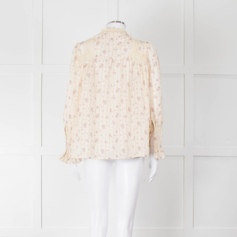 Ba&sh Cream Pink Floral Lace Detail Front Button Cotton Top