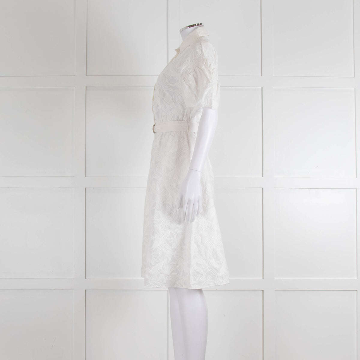 Kenzo White Embroidered Cotton Buttoned Up Belted Dress