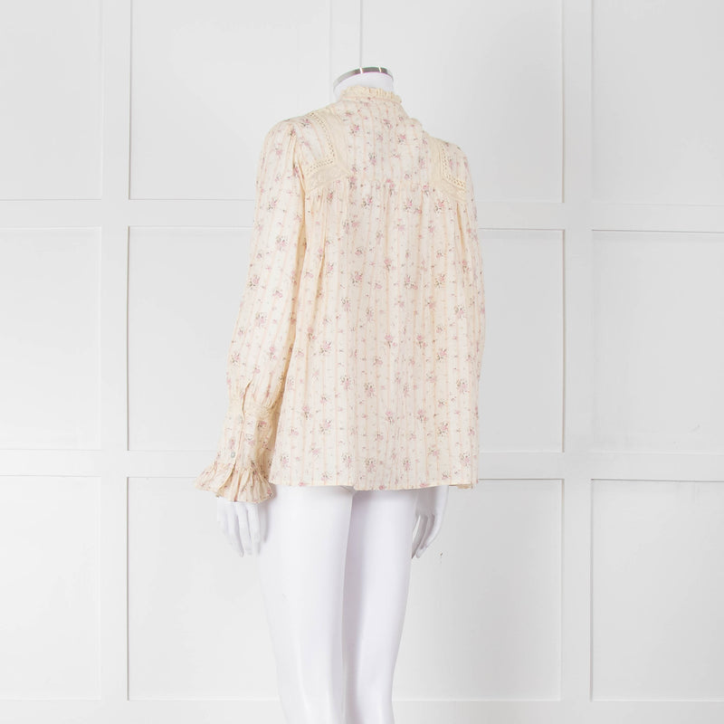 Ba&sh Cream Pink Floral Lace Detail Front Button Cotton Top