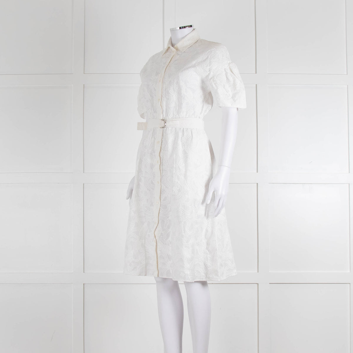 Kenzo White Embroidered Cotton Buttoned Up Belted Dress