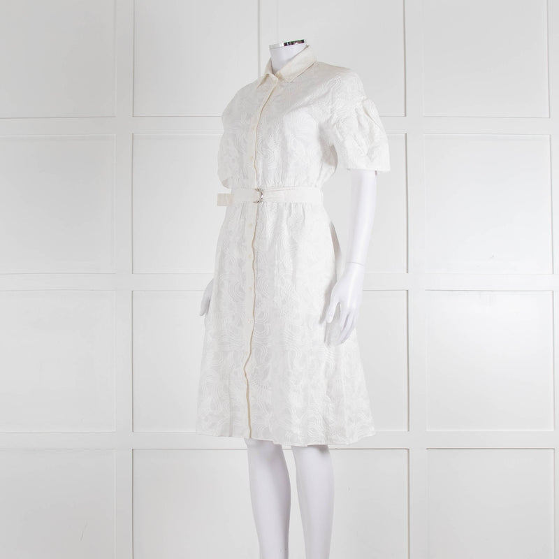 Kenzo White Embroidered Cotton Buttoned Up Belted Dress