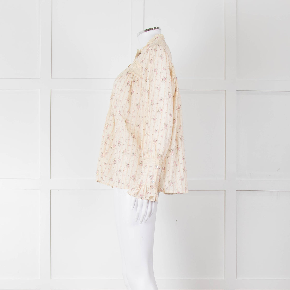 Ba&sh Cream Pink Floral Lace Detail Front Button Cotton Top