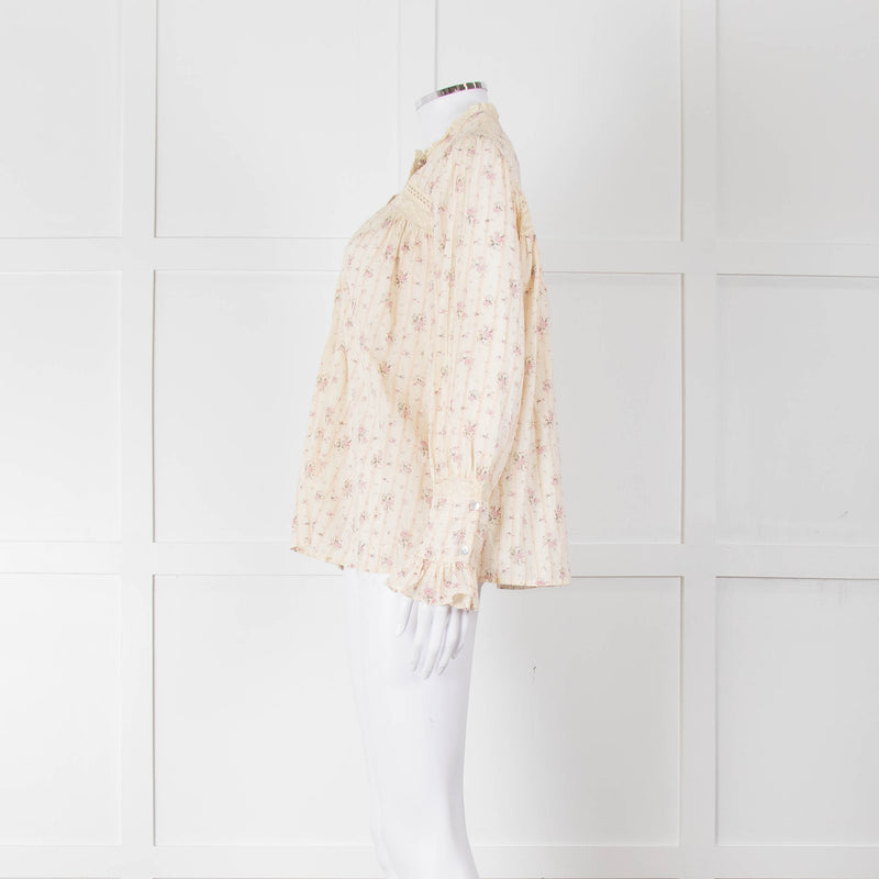 Ba&sh Cream Pink Floral Lace Detail Front Button Cotton Top