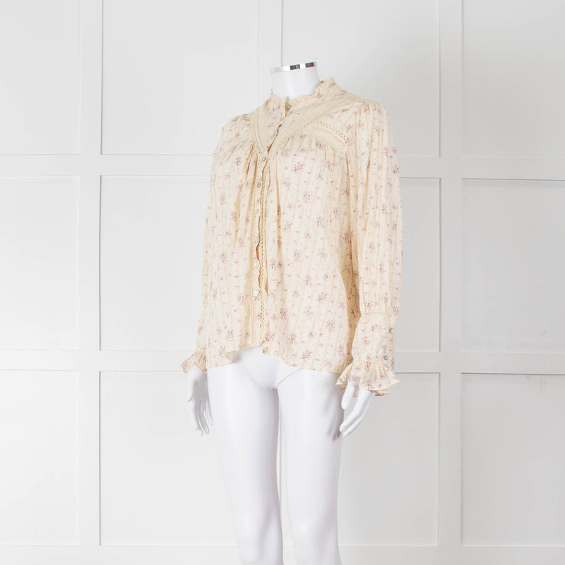 Ba&sh Cream Pink Floral Lace Detail Front Button Cotton Top