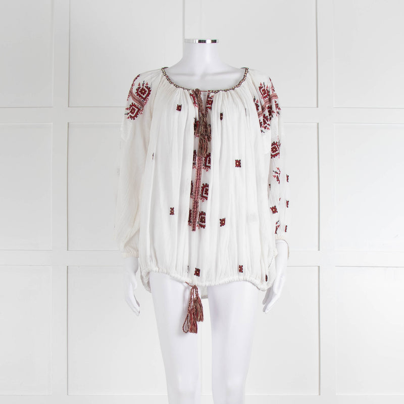 Isabel Marant Etoile White Cheese Cloth Red Embroidery Volume Blouse