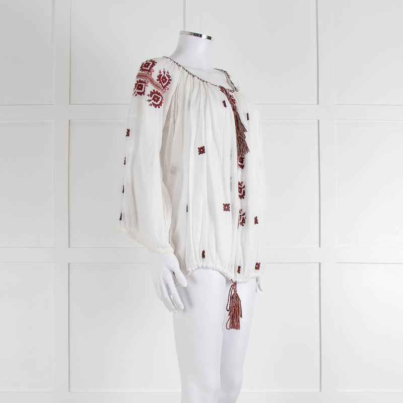 Isabel Marant Etoile White Cheese Cloth Red Embroidery Volume Blouse