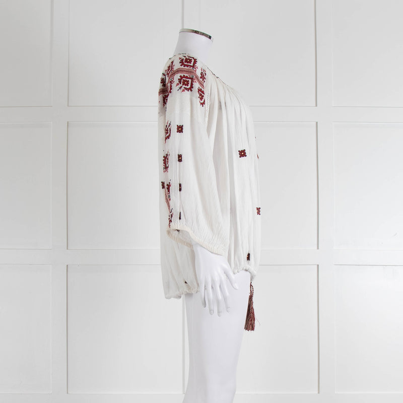 Isabel Marant Etoile White Cheese Cloth Red Embroidery Volume Blouse