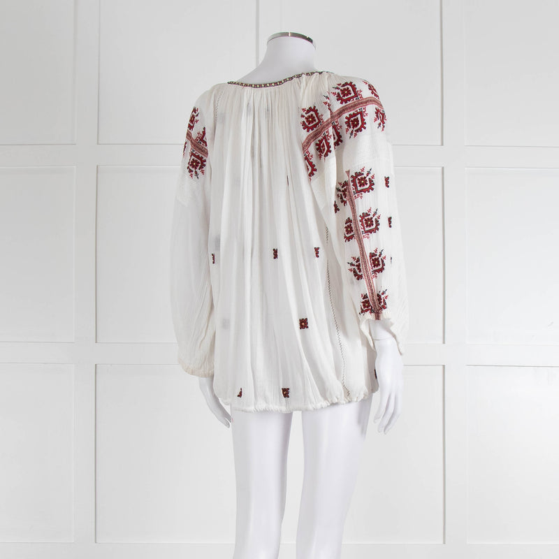 Isabel Marant Etoile White Cheese Cloth Red Embroidery Volume Blouse