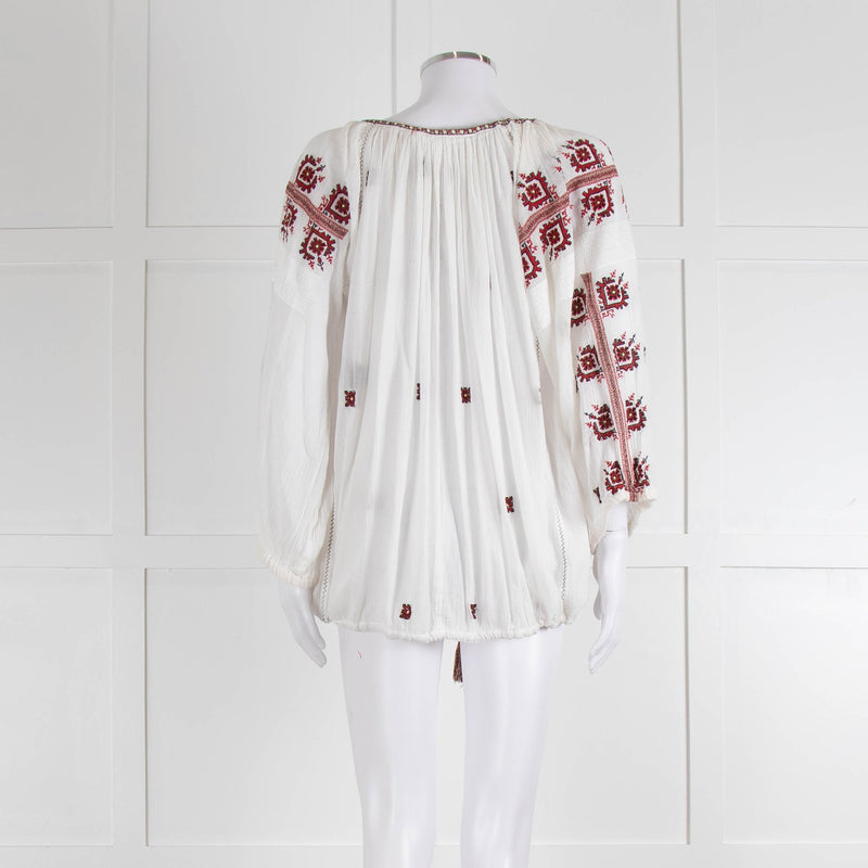 Isabel Marant Etoile White Cheese Cloth Red Embroidery Volume Blouse