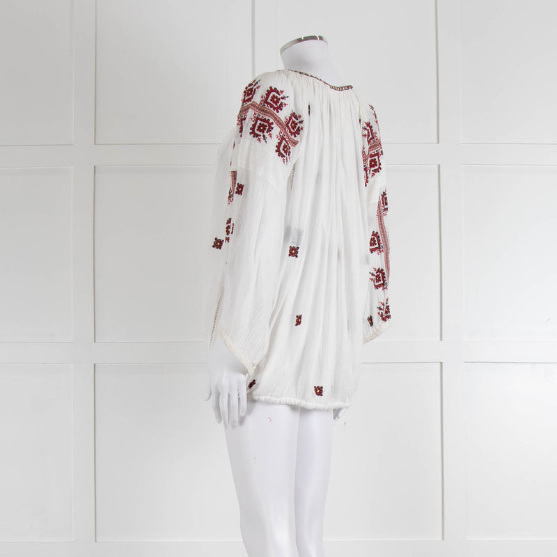 Isabel Marant Etoile White Cheese Cloth Red Embroidery Volume Blouse