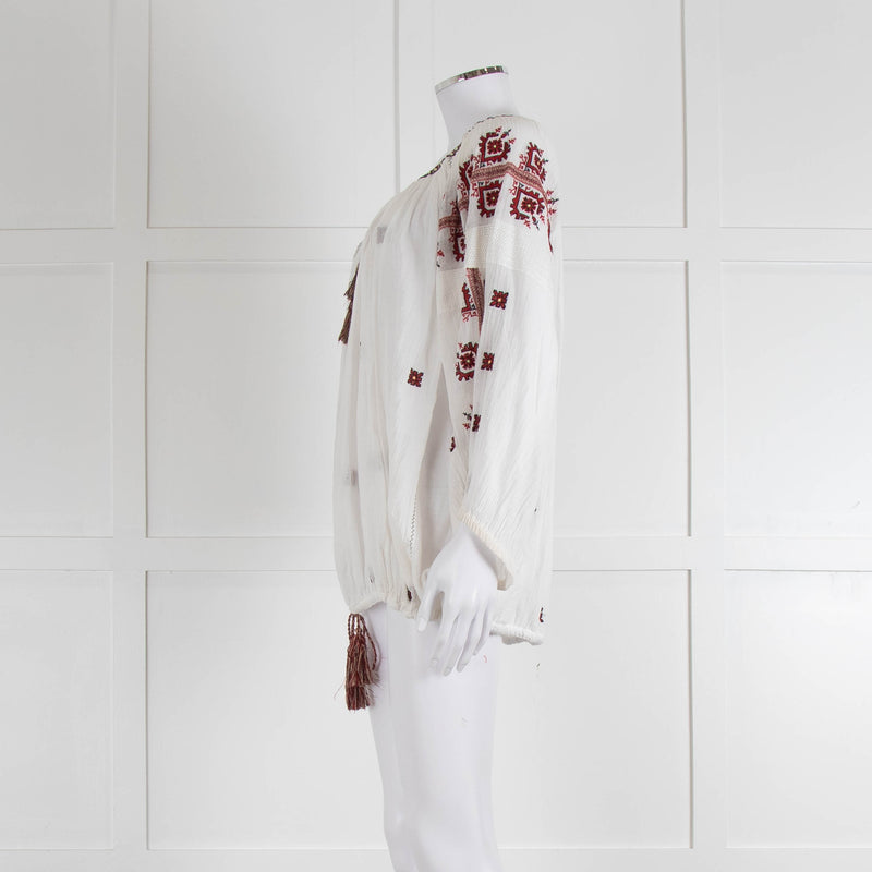 Isabel Marant Etoile White Cheese Cloth Red Embroidery Volume Blouse