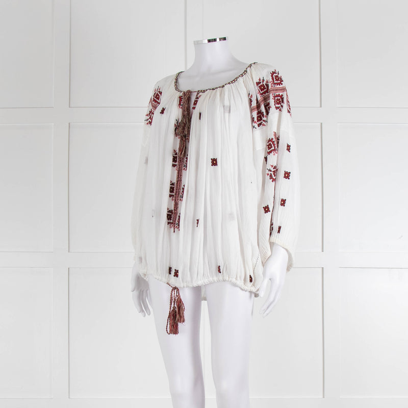 Isabel Marant Etoile White Cheese Cloth Red Embroidery Volume Blouse
