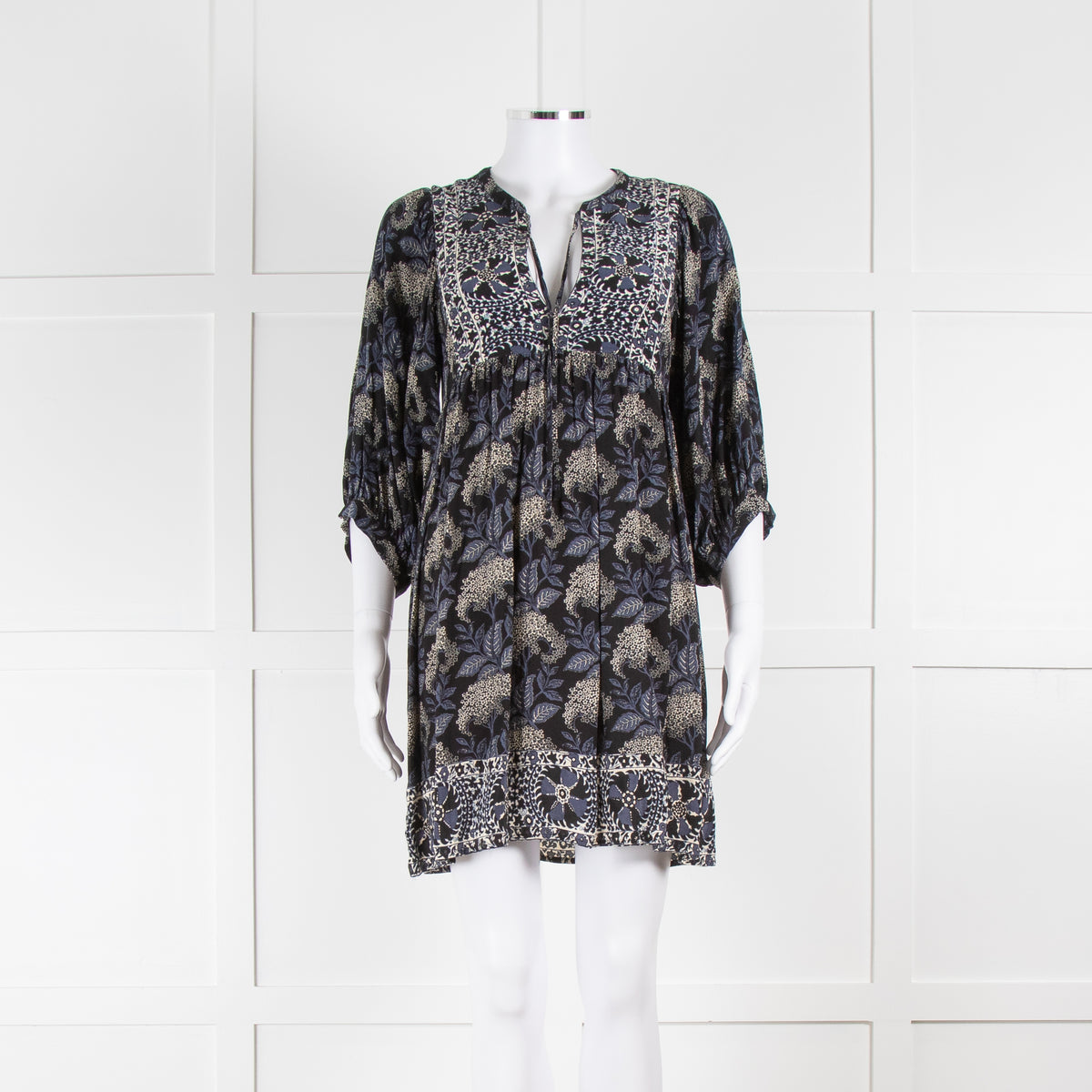 BA&SH Black Blue White Floral Smock Short Dress