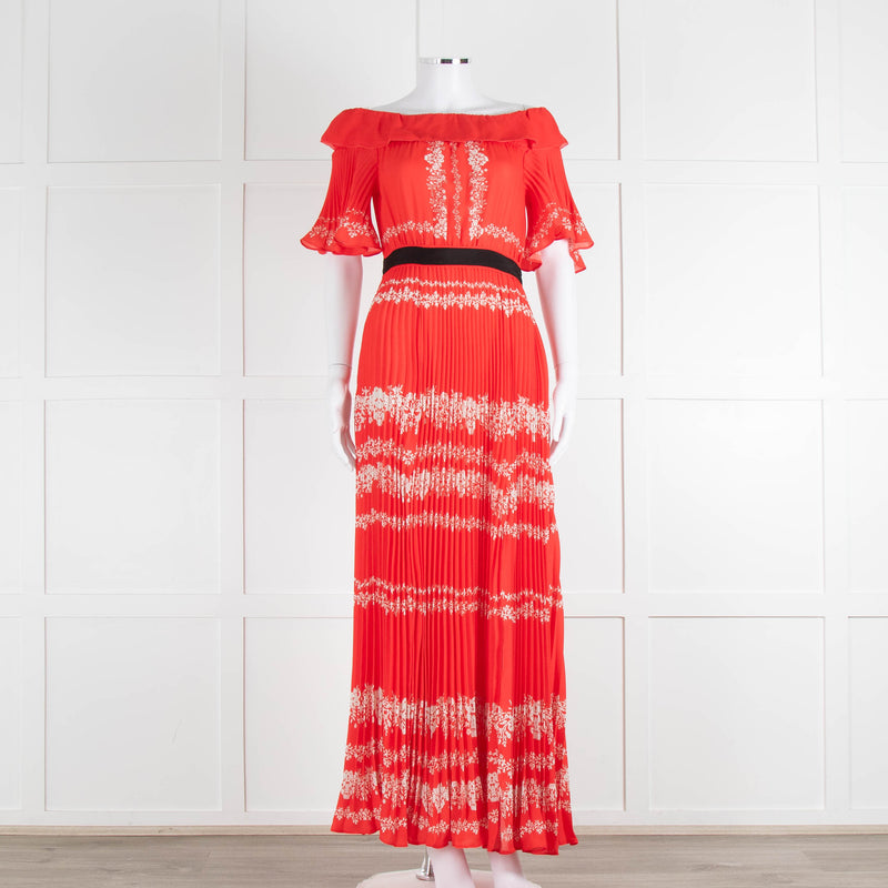 Self-Portrait Red White Floral Plisse Short Sleeve Maxi Dress