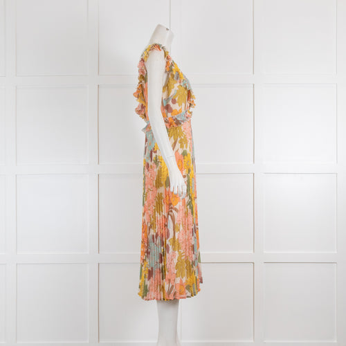 Sezane Floral V Neck Dress with Frills and Pleat Detail