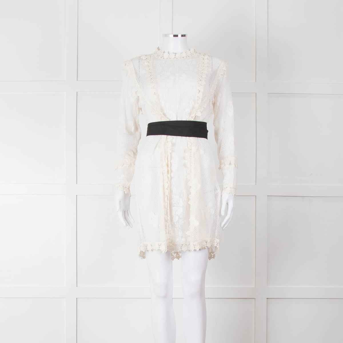 Maje Cream Lace Black Belt Sheer Mini Dress