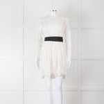 Maje Cream Lace Black Belt Sheer Mini Dress
