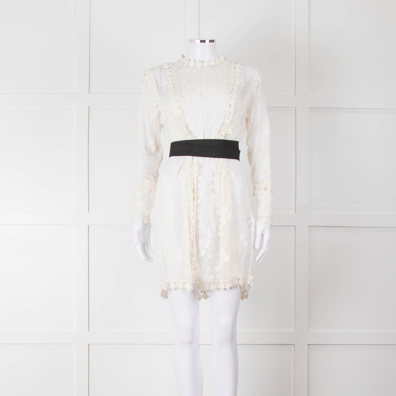 Maje Cream Lace Black Belt Sheer Mini Dress