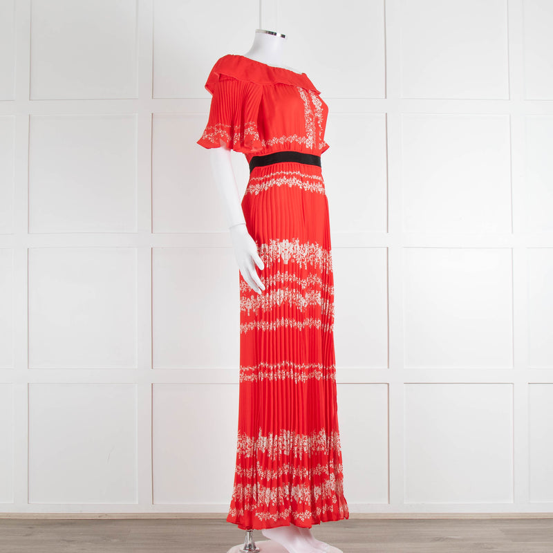 Self-Portrait Red White Floral Plisse Short Sleeve Maxi Dress