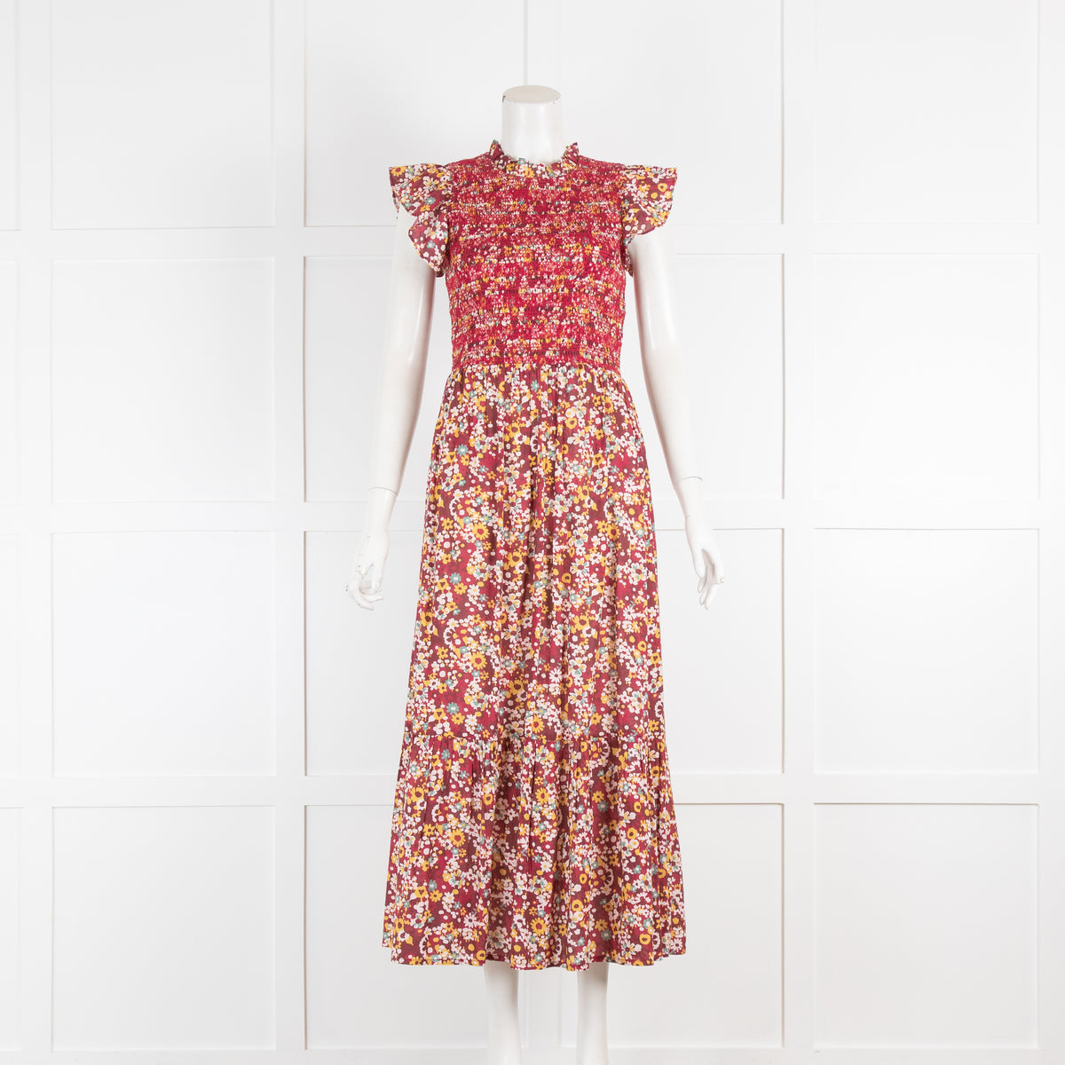 Iris Burgundy Floral Organic Cotton Dress with Smocking & Frill Sleeve