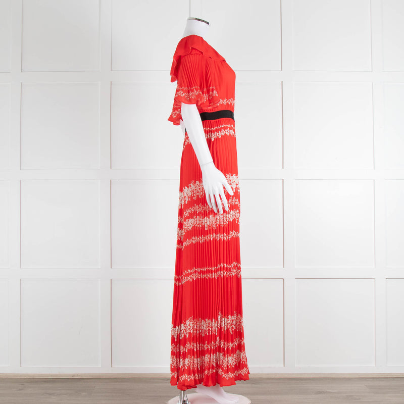 Self-Portrait Red White Floral Plisse Short Sleeve Maxi Dress