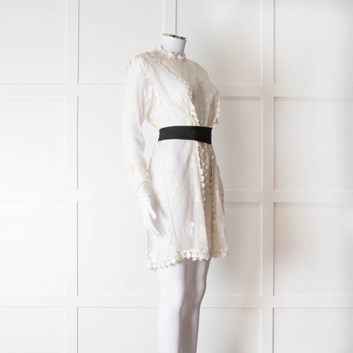 Maje Cream Lace Black Belt Sheer Mini Dress