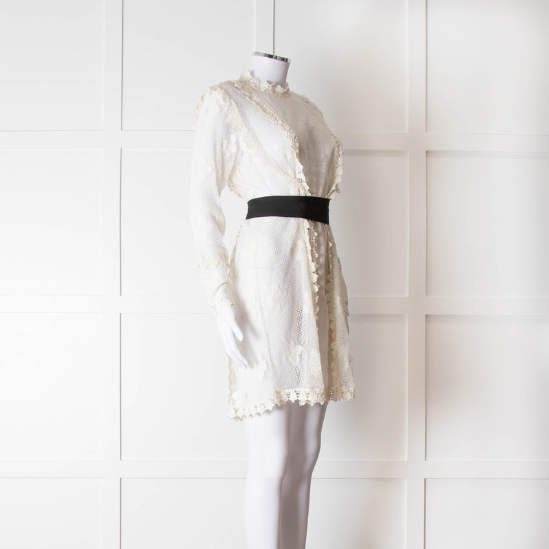 Maje Cream Lace Black Belt Sheer Mini Dress