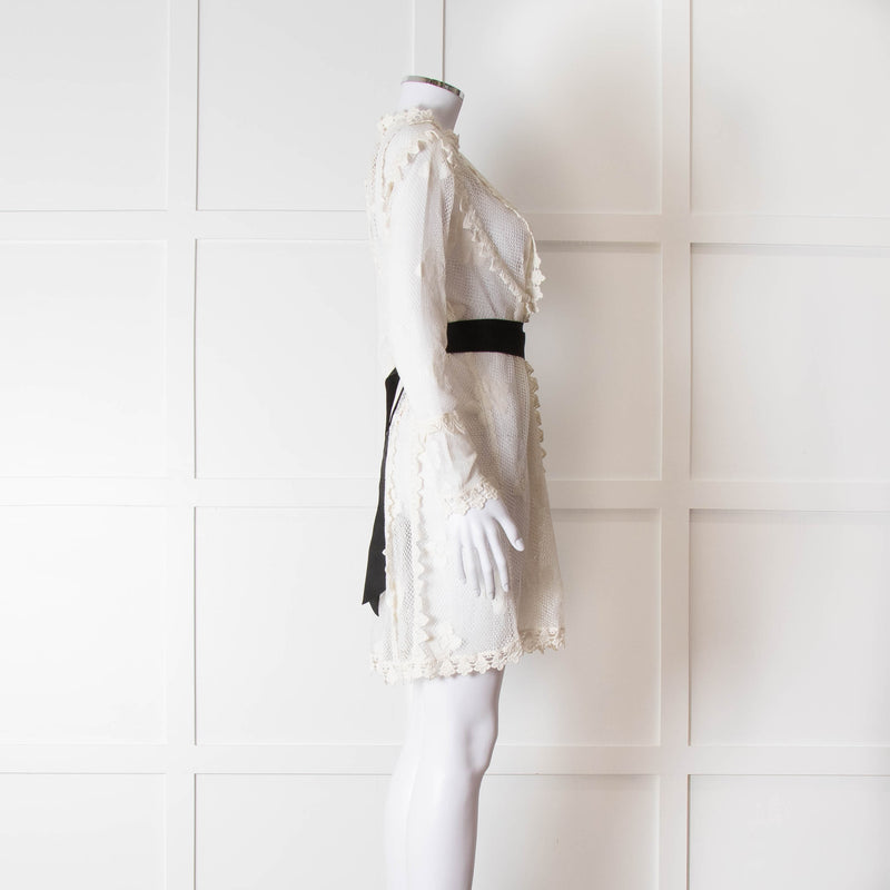 Maje Cream Lace Black Belt Sheer Mini Dress