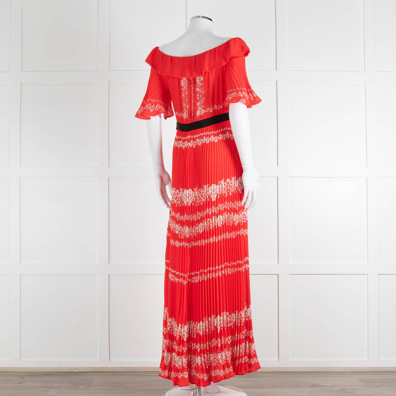 Self-Portrait Red White Floral Plisse Short Sleeve Maxi Dress